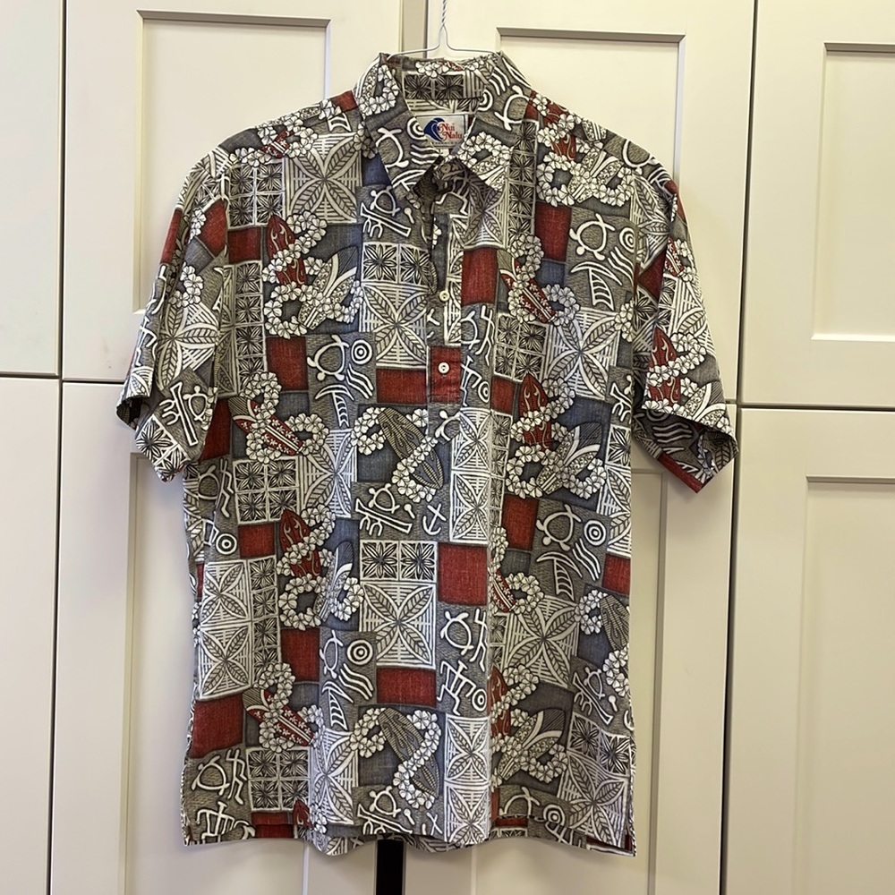 NUI NALU (PULLOVER)”ALOHA SHIRT” SIZE L COLOR GREY RED OFF WHITE 100% COTTON